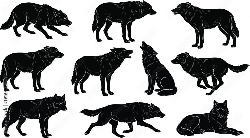 Obraz premium Collection of Wolf Silhouettes in Various Poses.