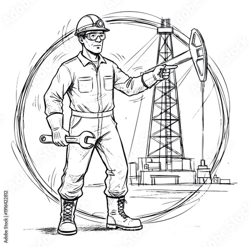 A dedicated oil rig worker wearing safety gear and holding a wrench stands confidently next to an oil pump jack, symbolizing essential petroleum industry maintenance and operational