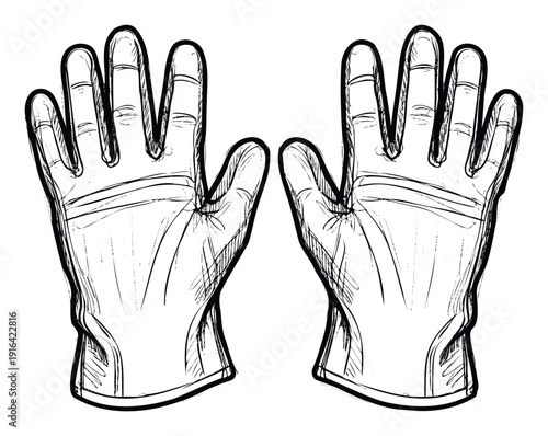 Rough sketch of two protective gloves commonly used for various tasks offering safety and hygiene for use in occupational safety publications or cleaning service advertisements.