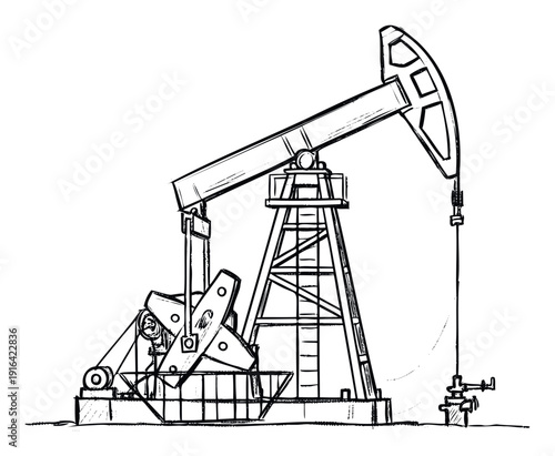 Classic hand drawn sketch of an oil derrick pumpjack machine used for extracting fossil fuels, perfect for energy industry presentations or educational resources about petroleum extraction.