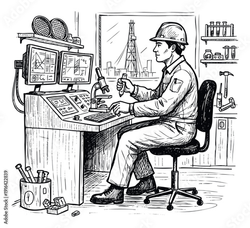 Oil and gas engineer working at a control desk in a laboratory with scientific equipment and an oil rig view, suitable for energy industry and research presentations