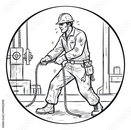 A hardworking construction worker in a safety helmet pulls a heavy rope, showing effort and dedication, suitable for themes of labor, industry, and bluecollar work.