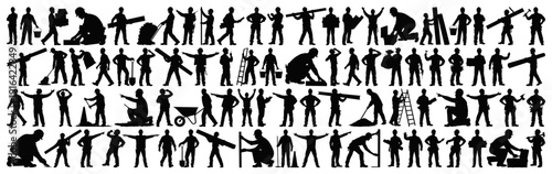 Construction Workers and Builders Silhouette Large Collection in Industrial Poses Isolated on Transparent Background