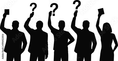 Business people silhouettes holding question marks and cards symbolizing questions decisions confusion voting isolated on white background for stock illustration design