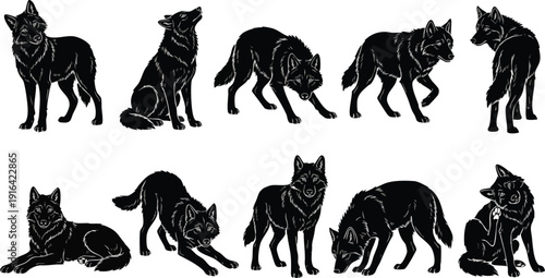 Black Silhouette Dogs Various Poses.