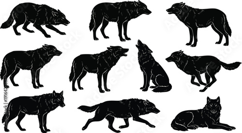 Collection of Wolf Silhouettes in Various Poses.