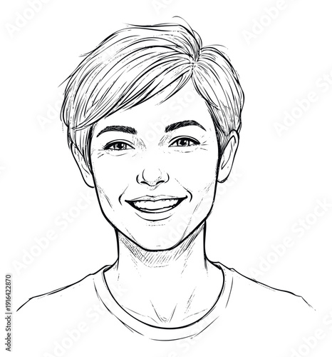 Joyful woman with short hair smiling brightly, perfect for conveying positive emotions in marketing materials or personal branding projects