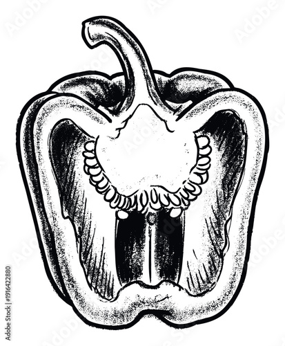 Detailed cross section of a bell pepper showing its inner structure and seeds, perfect for cooking guides, healthy eating presentations, or a culinary blog
