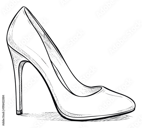 Stylish high heel pump footwear design rendered in a classic black and white line art style for apparel promotions fashion blogs or visual educational content