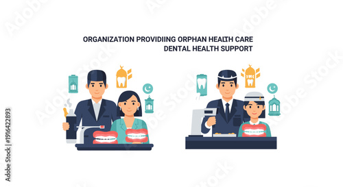 Illustration of diverse healthcare workers offering dental care and medical support to children in a bright, professional clinic setting with modern equipment.