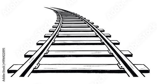 Classic hand drawn perspective view of curving railroad tracks leading to the horizon, ideal for travel, journey, or transportation related projects and media presentations