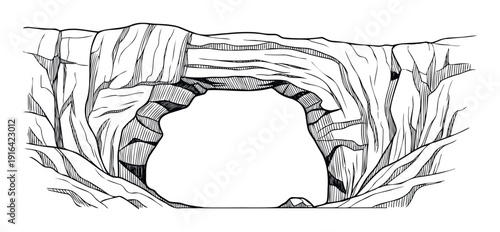 Striking monochrome line drawing of a majestic rock archway leading into a dark grotto, suitable for geological studies, outdoor activity promotions, or mystical narratives.