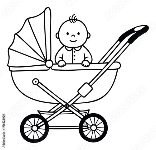 Cheerful baby with a gentle smile riding comfortably in a classic baby carriage, ideal for parenting content, newborn announcements, and familyoriented promotions.