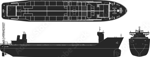 Technical schematic illustration of cargo ship showing top, side, and front views, maritime vessel artwork representing logistics, naval architecture, shipping industry, and ocean freight transport s