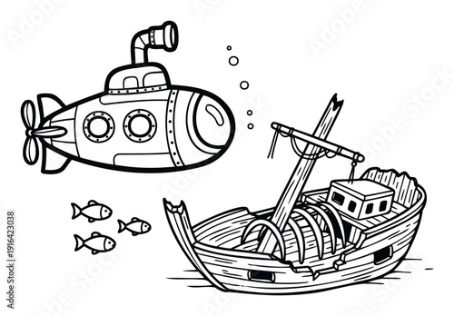 Underwater exploration scene featuring a classic submarine observing a historical sunken shipwreck resting on the ocean floor, accompanied by curious fish and rising bubbles for educational