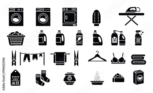 Essential laundry household items and clothing care symbols are presented as a comprehensive graphic collection for various domestic tasks and service advertisements.