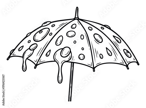 Black outline drawing of an open umbrella covered with many water droplets and dripping rain, perfect for weatherrelated educational materials or seasonal graphic elements