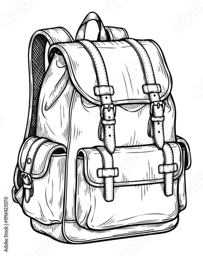 A detailed hand drawn vintage style travel backpack featuring multiple pockets and buckle closures, perfect for outdoor adventure themed promotions and graphic resource materials