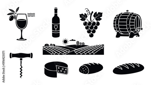 Collection of winery and food icons including wine glass, bottle, grapes, barrel, corkscrew, vineyard, cheese, sausage, and bread, perfect for menus or agricultural branding projects