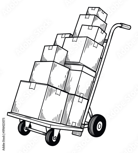 Stacked cardboard boxes on a handtruck for moving or shipping freight, illustrating logistics and package delivery services for business or transportation industry concepts.