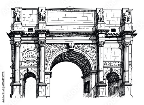 Detailed hand drawn sketch of a grand ancient architectural triumphal arch structure with columns and sculptures, perfect for historical design projects and educational materials.