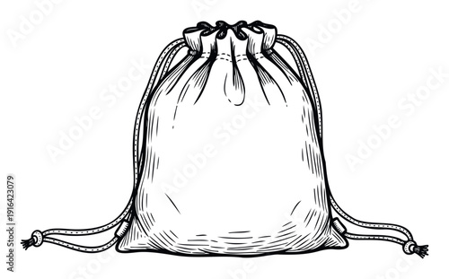 Hand drawn sketch of a versatile drawstring pouch bag, perfect for packaging products, carrying small items, or as a decorative storage container for various commercial and personal