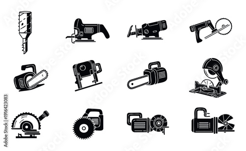 A comprehensive collection of professional power tools including saws, drills, grinders, and sanders in a bold silhouette style perfect for construction, woodworking, and DIY projects