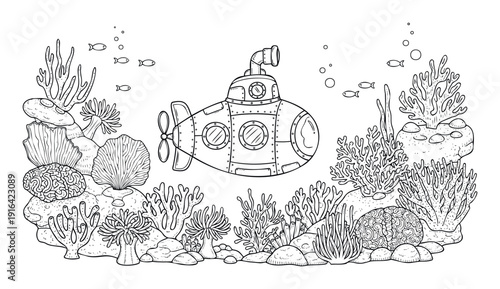 Adventure coloring book page with a submarine exploring a vibrant underwater coral reef filled with diverse marine life and bubbles, perfect for childrens activities