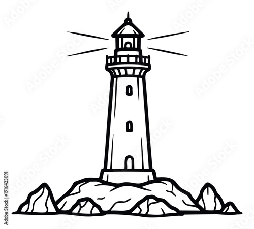 Sturdy lighthouse standing on rocky ocean coast emitting guiding light rays across the sea for maritime navigation and safe passage for boats and ships
