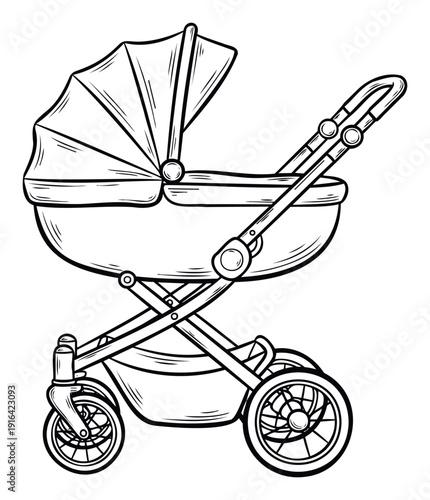 Classic baby stroller drawing for childrens product advertisements, parenting blogs, maternity store promotions, and newborn announcement invitations.