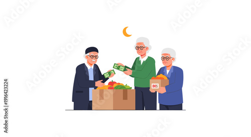 Illustration of a man in a suit donating food to an elderly couple with cardboard boxes under a crescent moon.