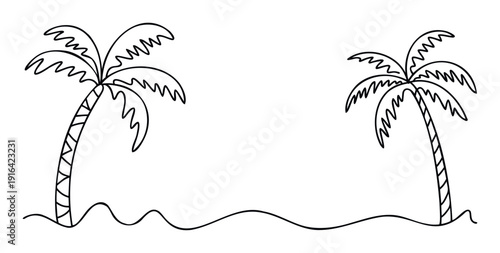 Stylized outline drawing of two palm trees on a wavy sandy beach line perfect for illustrating travel concepts tropical holidays resort advertisements and summer event invitations
