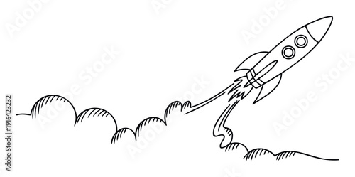 Simple line drawing of a rocket blasting off with smoke trails representing startup concepts growth innovation and future development perfect for business presentations educational