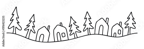 Minimalist continuous line drawing of a charming village landscape with houses and trees creating a cheerful and simple graphic for childrens books or holiday decorations