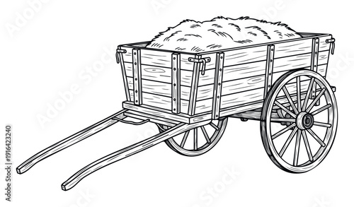Old farm wagon filled with hay, depicting traditional agriculture and rural life, useful for educational materials or historical themed projects