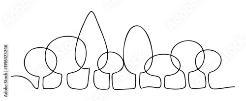 A continuous single line drawing forming a series of connected trees or forest shapes offers a modern graphic for environmental awareness campaigns or naturethemed publications