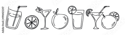 Simple line drawing of various summer drinks and citrus fruits perfect for menu graphics or healthy beverage promotional materials and vacation advertising