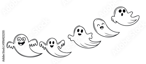 Playful floating ghosts in a diagonal line, perfect for Halloween celebrations, spooky season promotions, or fun holiday graphic designs.