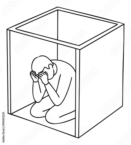 A person kneeling inside a confined box, covering their face with hands, effectively symbolizes feelings of isolation, despair, mental distress, and psychological burden, suitable for