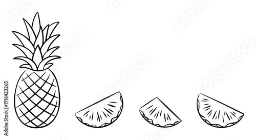 Simple line drawing of a tropical pineapple fruit and delicious cut slices perfect for food packaging, healthy recipe blogs, summer menu designs, and kitchen decoration projects.