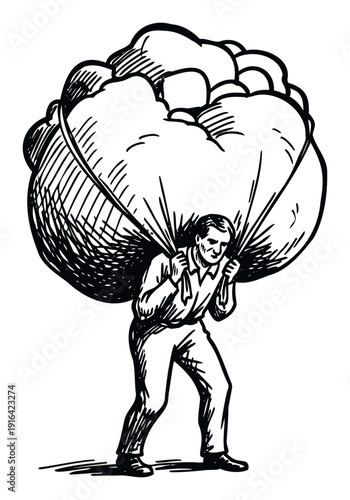 A strong man labors diligently under the immense burden of a full sack, depicting themes of hard work, perseverance, and responsibility, ideal for concepts related to challenges, tasks, or