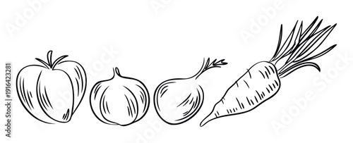 Black and white outline drawing of fresh vegetables including bell pepper, onions, and a carrot for healthy food menus and culinary recipes