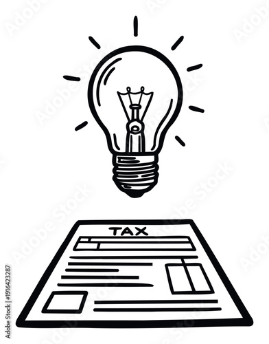 Simple black outline drawing of a light bulb shining over a tax form, symbolizing an innovative idea or solution for financial management and tax preparation.