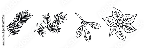 Monochrome hand drawn winter holiday plants collection featuring festive pine branches, mistletoe with berries, and a poinsettia bloom, perfect for seasonal invitations and celebration