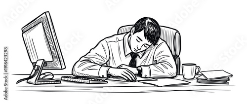Tired professional sleeping at office desk with computer, keyboard, and papers, illustrating work exhaustion, burnout, and stress for corporate wellness and business related topics.