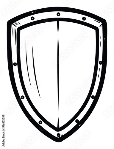 Sturdy protective security shield with a riveted metallic outer frame presented in a bold monochromatic visual style for gaming branding or historical themed projects