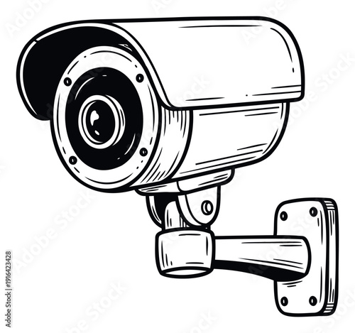 A hand drawn black and white illustration depicting a wall mounted outdoor security camera for surveillance and property protection applications, perfect for signage and informational
