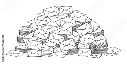 Outline drawing of a large overflowing pile of mail envelopes representing communication, backlog, or urgent messages for business and personal correspondence purposes.