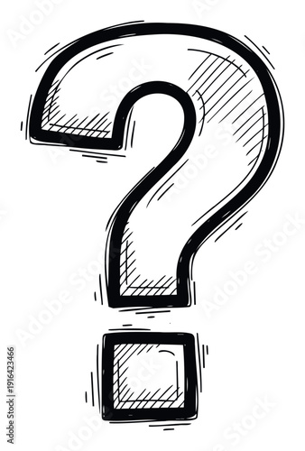 Hand drawn question mark symbol with a black sketchy outline indicating inquiry doubt or a problem solution for educational quizzes and informational presentations