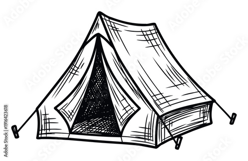 A hand drawn sketch of a classic Aframe tent perfect for outdoor adventure and recreational camping themed graphic projects and web applications